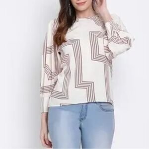 H&M Geometric Patterned Cream and Brown Women's Top